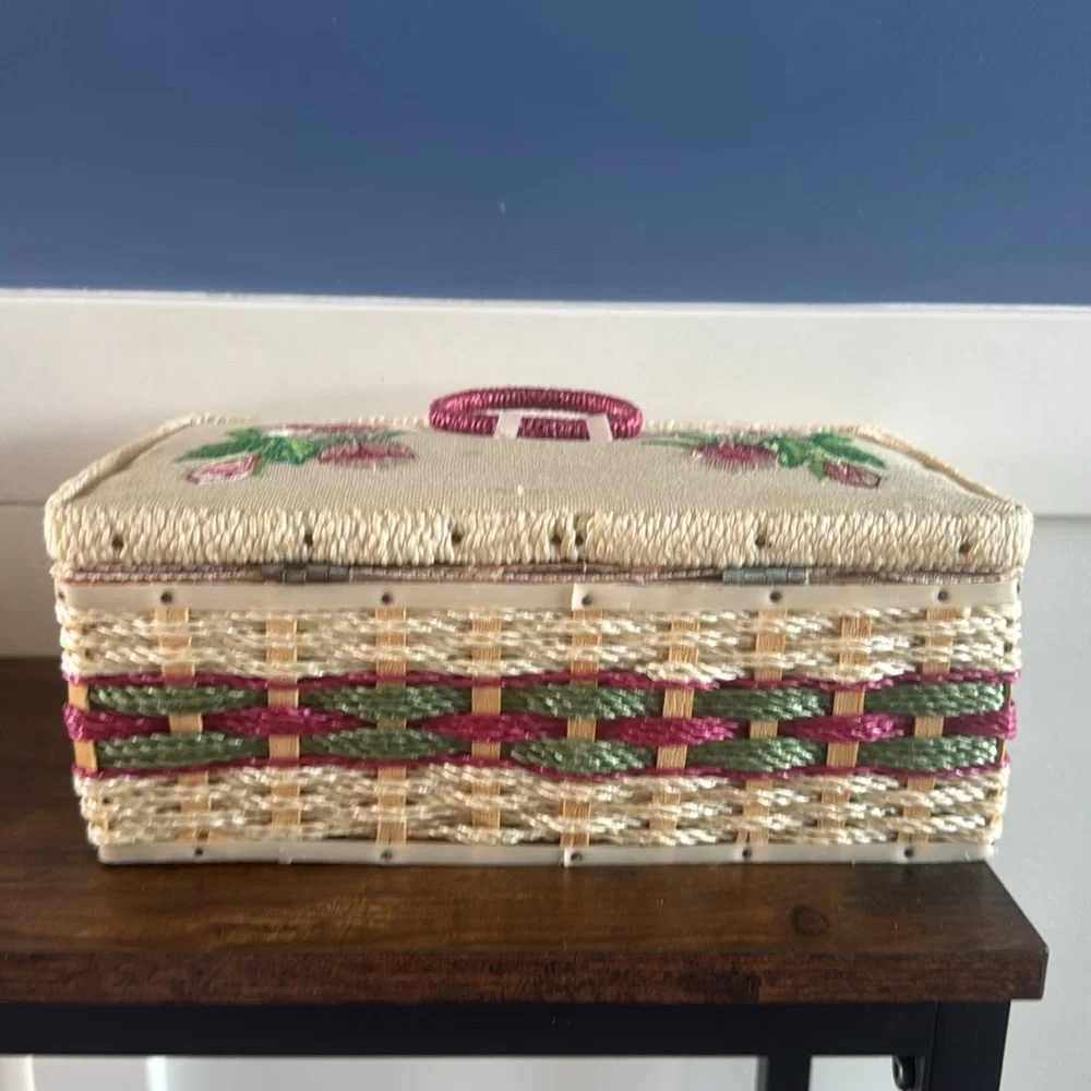 Vintage Wicker Sewing Box pink floral embroidered Lid with Built-in Pin Cushion